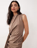 high neck sleeveless ruched knot front midi dress in mocha