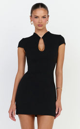 Briony Mini Dress - High Neck Front Key Hole Fitted Dress in Black