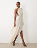 Oh Polly chiffon halter neck asymmetric skirt detail maxi dress in ivory polka dot