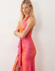 Murci halterneck cut out ruffle detail split front maxi dress in pink sunset ombre