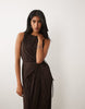 plisse sleeveless wrap tie front maxi dress in brown