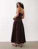 dropped waist midaxi dress with floral cornelli embroidery in dark chocolate