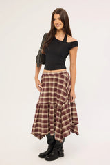 Luck & Trouble Vintage Check Midi Skirt Brown Print