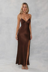 The Sophia Satin Maxi Dress Chocolate Brown