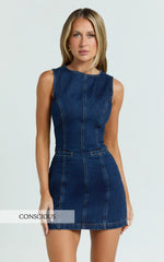 Olenna Mini Dress - High Neck Fitted Denim Dress in Indigo Wash