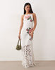 racer neck embroidered detailing crochet hem maxi dress in white