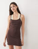 yellow contrast polka dot halter mini dress in brown