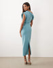 asymmetric off-shoulder midi dress in blue scuba-style fabric