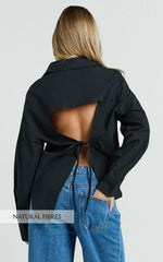 Amaris Top - Long Sleeve Open Back Tie Shirt in Black