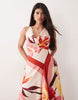 deep cowl asymmetric open back maxi dress in scarf print