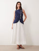 linen mix maxi vest dress with poplin skirt in navy and white