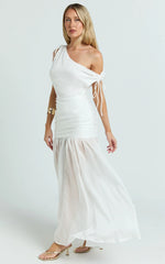 Mackenzie Midi Dress - Tipped Shoulder Drop Waist Full Gathered Skirt Dress in White