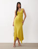 v neck hanky hem soft slinky midi dress in chartreuse