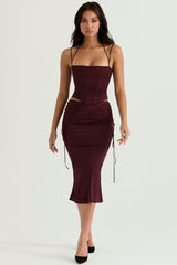 wine satin lace up midi skirt