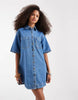 denim boxy shirt dress with pocket detail in mid blue