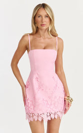Maisie Mini Dress - Broderie Cut Out Border Hem Dress in Pink
