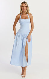 Nyx Midi Dress - Halter Neck Drop Waist Dress in Blue