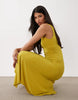 v neck hanky hem soft slinky midi dress in chartreuse