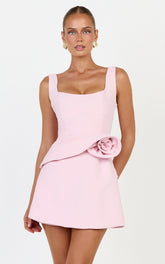 Vivienne Mini Dress - Square Neck Rosette Peplum Dress in Pink