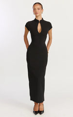 Cassienne Midi Dress - High Neck Keyhole Cut Out Bodycon Midi Dress in Black