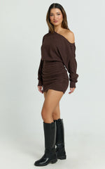 Alyce Mini Dress - Long Sleeve One Shoulder Dress in Chocolate