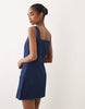 denim square neck mini dress in mid blue
