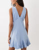 v neck button down mini dress with lace trim and godets in dusky blue