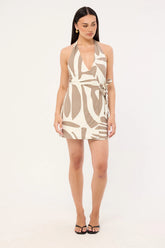 Perfect Stranger Shea Wrap Halter Mini Dress Taupe Print