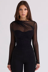black draped mesh bodysuit