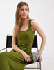 square neck seam detailing midaxi dress in khaki green