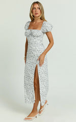 Leila Midi Dress - Puff Sleeve High Split Dress in White/Blue