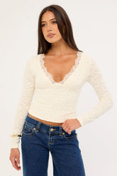 Luck & Trouble Matilde Lace Long Sleeve V Neck Top Cream