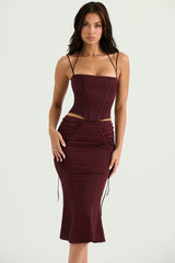 wine satin lace up midi skirt