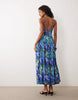 satin bias shift dress with bubble hem in blue floral