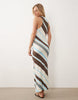 sleeveless maxi dress in blue, brown and cream stripes