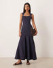 structured cotton dropped waist midaxi dress with tie back in navy