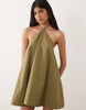 poplin halter neck swing mini sundress in olive