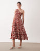 Nobody's Child Cecilia one shoulder tiered skirt cotton midi dress in brown abstract print