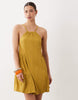 textured halter trapeze mini dress in ocre