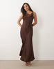 VILA halter cowl neck satin maxi dress in chocolate brown