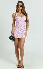 Janice Mini Dress - Square Neckline Dress in Fondant Pink Polka Dot