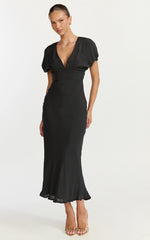 Desiree Midi Dress - V Neck Flutter Short Sleeve Slip Dress in Black