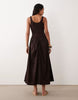 basque waist midi dress with woven skirt in chocolate