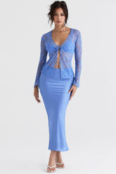 blue satin bias cut midi skirt