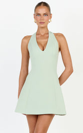 Saphine Mini Dress - Deep V Halter Neck A Line Mini Dress in Pistachio