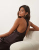 Mango boat neck sleeveless satin midi dress in chocolate brown