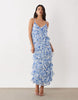 VILA asymmetric frill maxi dress with side split in blue floral print