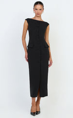 Calista Midi Dress - Boat Neck Button Down Pencil Dress in Black