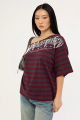 Neovision Corrupt Off Shoulder Relaxed Tee Burgundy Stripe