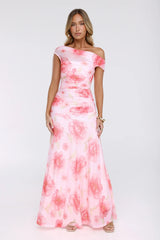Florals Like You Off Shoulder Mesh Maxi Dress Pink